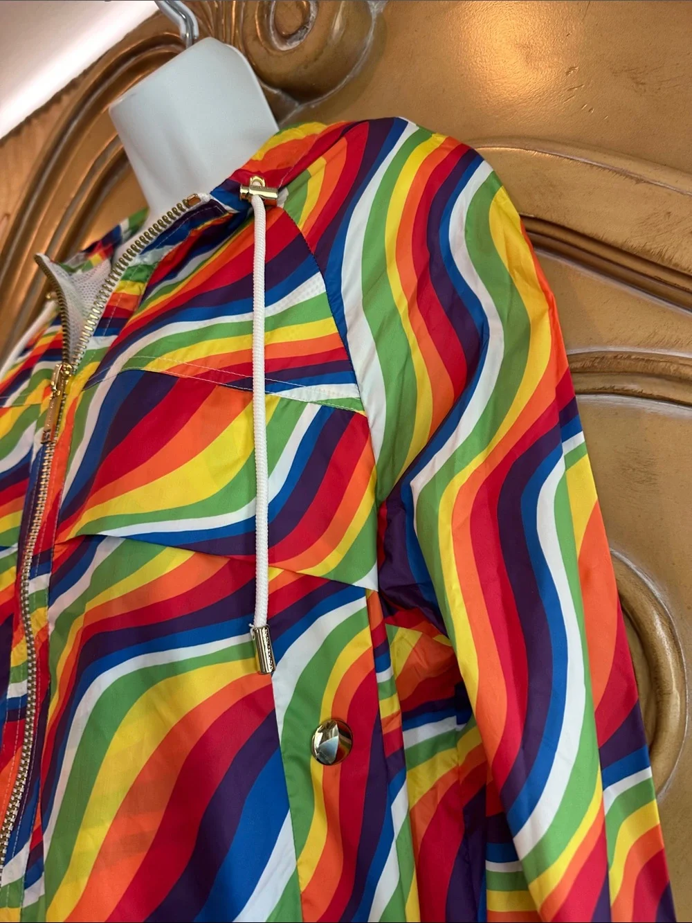 NWT Michael Kors Rainbow Wave Zip-Front Hooded Bomber Jacket - Multicolor